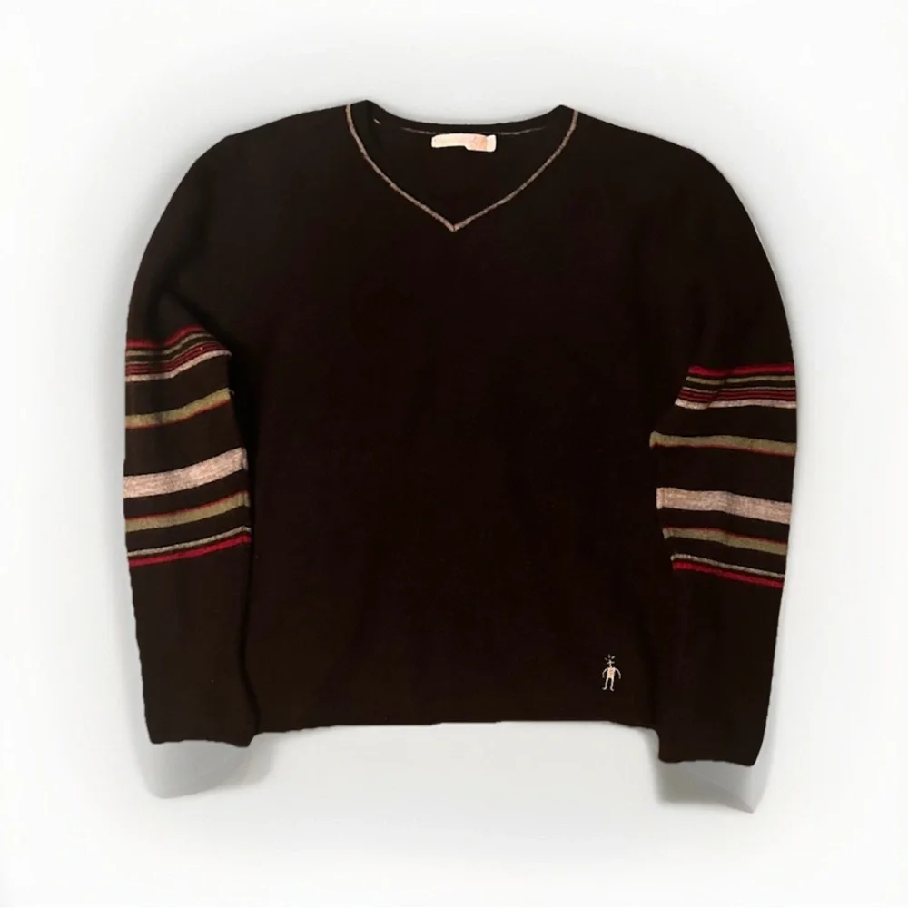 Smartwool Brown V-Neck Sweater with Striped Sleeves youth large - Picture 3 of 6